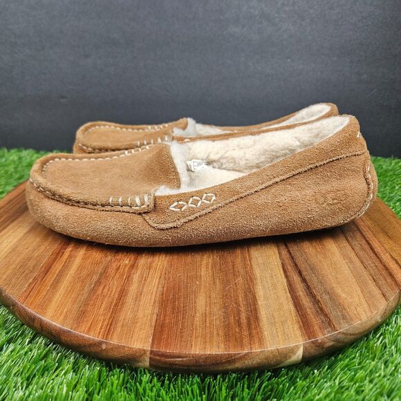 UGG Shoes Womens Size 8 Brown Ansley Suede Shearling Moccasin Slippers Slip On - Picture 5 of 11